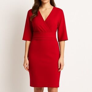 Escada Red V-Neck 3/4 Sleeve Faux Wrap Bodycon Dress